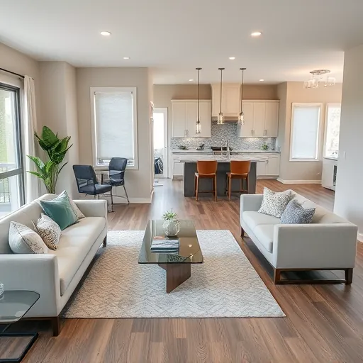 Beautifully remodeled living room in North Lake Elmo MN with modern decor, large windows, and elegant hardwood floors.