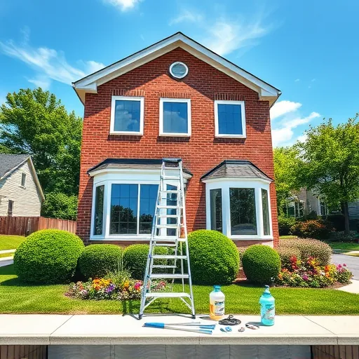 Pristine two-story brick home in Stillwater MN with sparkling clean windows, modern cleaning equipment, lush landscaping, and a peaceful neighborhood scene