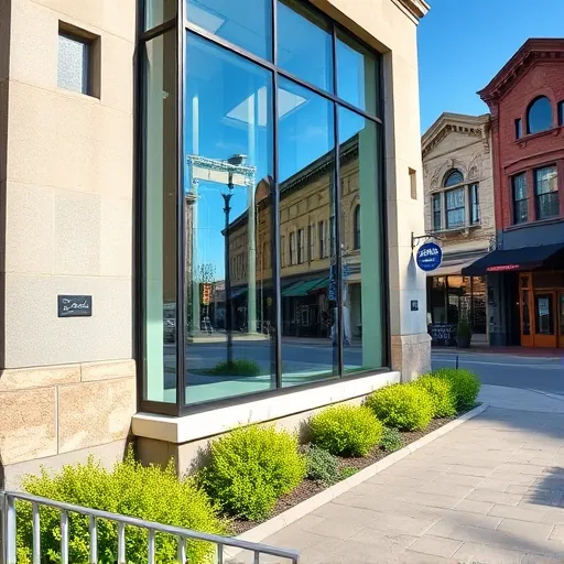 Refurbished commercial building in Stillwater Minnesota with spotless glass windows reflecting blue sky and historic architecture