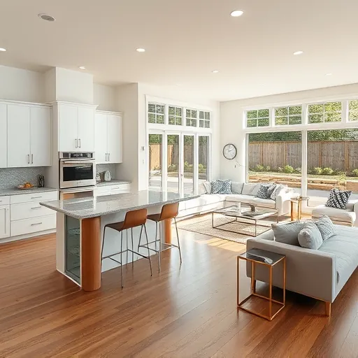 Modern East Oakdale home remodeling showcases a sleek kitchen with granite island and open living space with stylish decor.