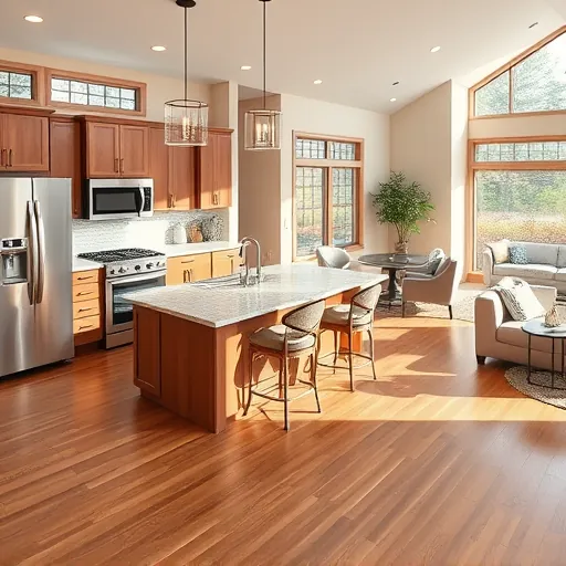 Completed home remodeling project in South Hill MN featuring modern kitchen with custom cabinetry and spacious island.
