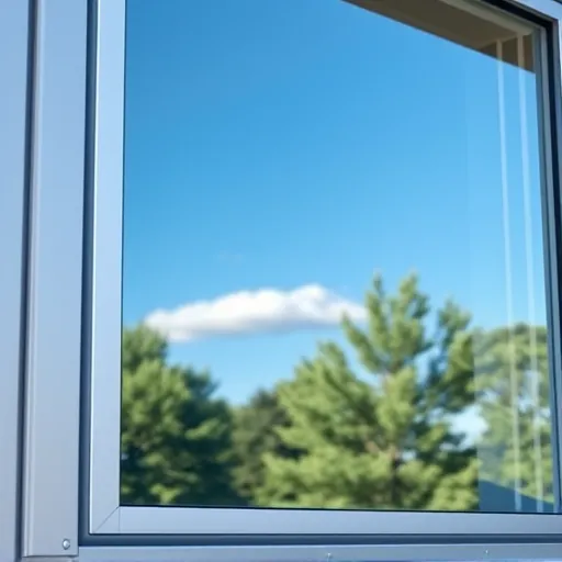 Clean shining commercial window reflecting trees and sky in North Lake Elmo with modern architecture and lush greenery