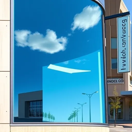 Gleaming clean window on modern building in East Hastings Minnesota reflecting blue sky and clouds with urban street background