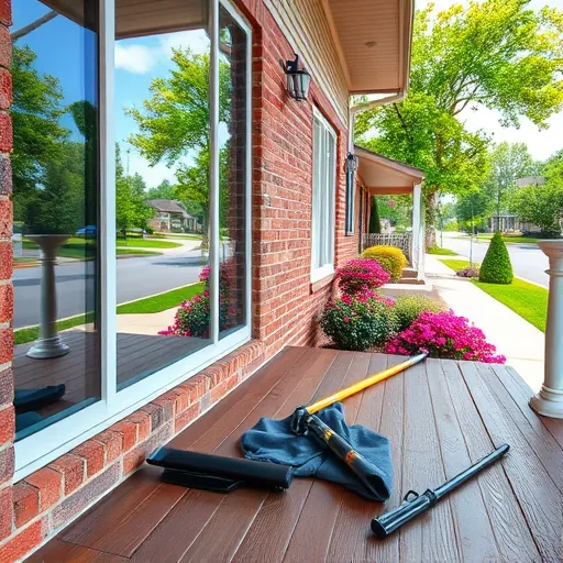 Sparkling window reflecting blue sky and greenery on a well-maintained porch of a charming two-story Minnesota home