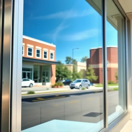 Pristine modern storefront window in Arbor Pointe MN reflecting cityscape blue sky with polished glass and sleek metallic frame