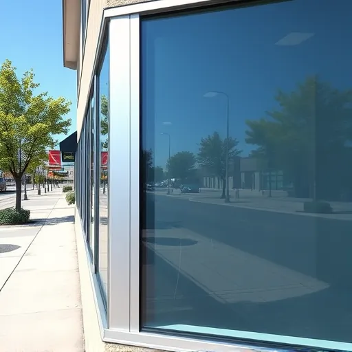 Clean multi-pane commercial window with clear sky and tree reflections in South St. Paul urban storefront scene