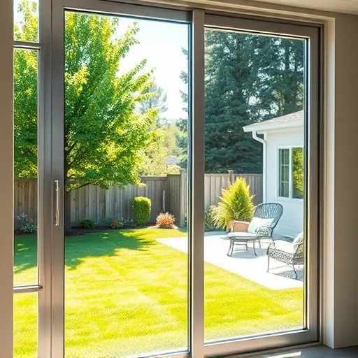 Sparkling clean sliding glass door reflecting green trees and sunny skies in a modern Minnesota backyard with polished aluminum frame