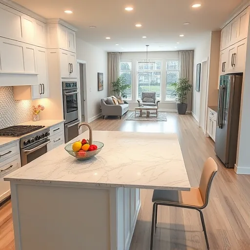 Modern kitchen remodel in Burnsville MN with white cabinetry, quartz countertops, mosaic backsplash, and bright natural light.