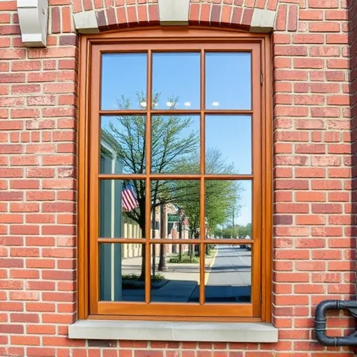 Sparkling clean French pane window on historic brick building in Stillwater with blue sky reflection and charming streetscape