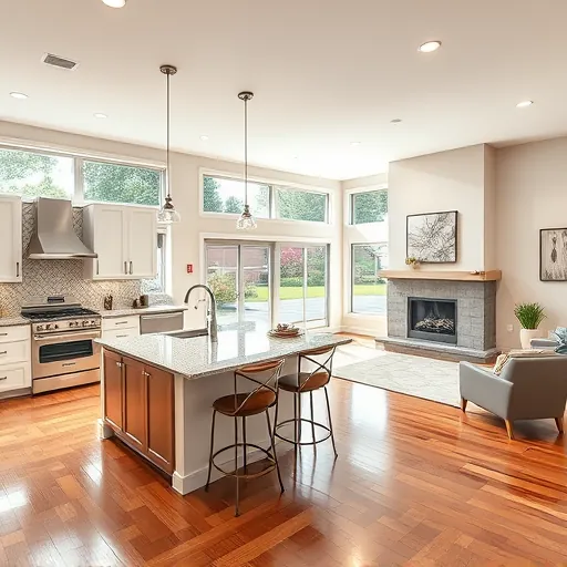 Modern living space in Eagan, MN, featuring a stylish kitchen, bright ambiance, hardwood floors, and lush backyard view.