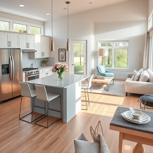 Modern kitchen remodel in Gladstone MN with stainless steel appliances, quartz countertops, custom cabinetry, and light hardwood flooring.