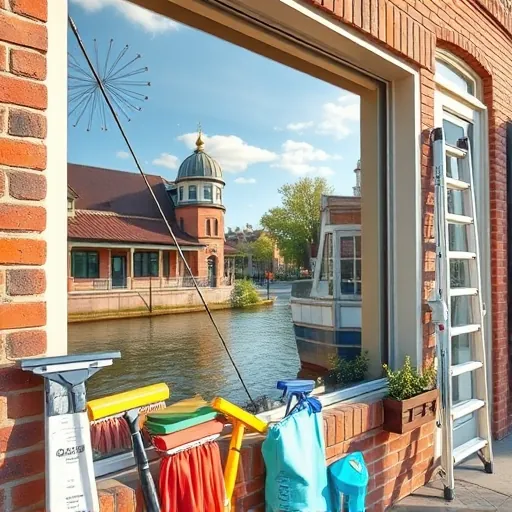 Pristine storm window cleaning in Stillwater Minnesota with gleaming reflective glass, organized tools, and charming historic storefront