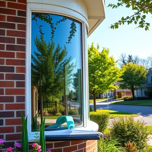 Sparkling three-story window on a neat suburban home in Stillwater Minnesota with clean tools, lush landscaping, and peaceful street