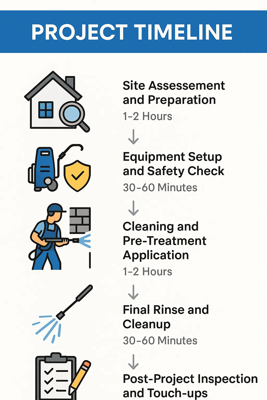 Infographic visualizing a five-step project timeline for pressure washing in Stillwater MN with clear, professional design.