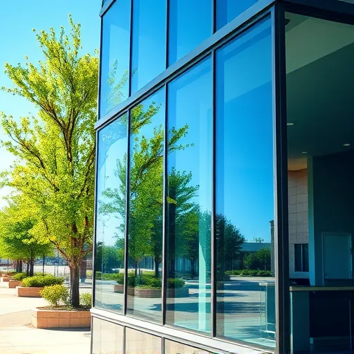Pristine modern commercial building windows reflecting blue sky and trees in Powers Lake MN highlighting cleanliness and professionalism