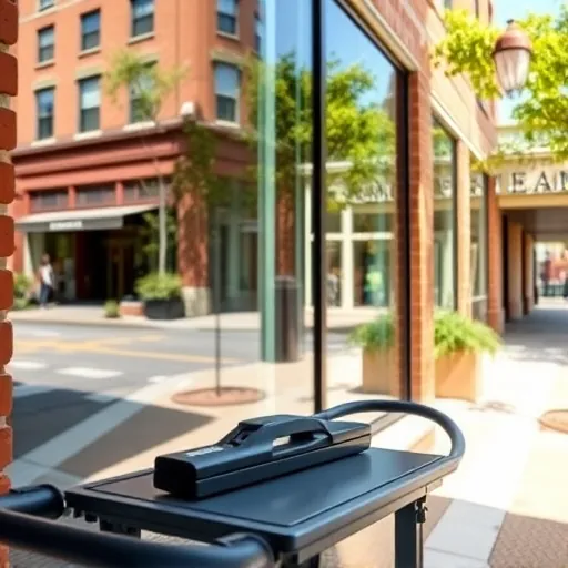 Pristine spotless windows reflecting a sunlit downtown street in Stillwater MN with cleaning tools and clean building exterior