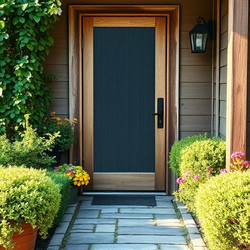 Clean and inviting screen door with detailed mesh, wooden frame, lush greenery, colorful plants, and a stone pathway.