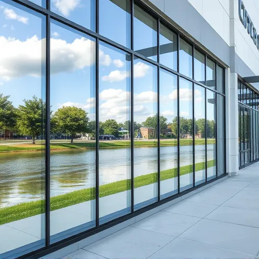Pristine commercial building windows reflecting blue skies, lush greenery, and calm water near Grey Cloud Island MN