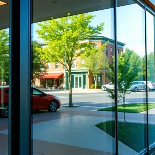 Pristine window reflecting Stillwater MN's charm, showcasing clean buildings and lush greenery in soft natural light.
