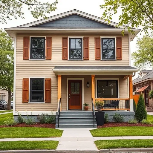 Completed home remodeling in Downtown Stillwater MN features modern earth-tone exterior, energy-efficient windows, and landscaped yard.