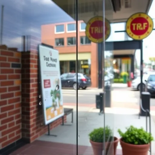 Clean storefront window in South St. Paul, MN, reflects vibrant downtown with plants and a brick facade in daylight.