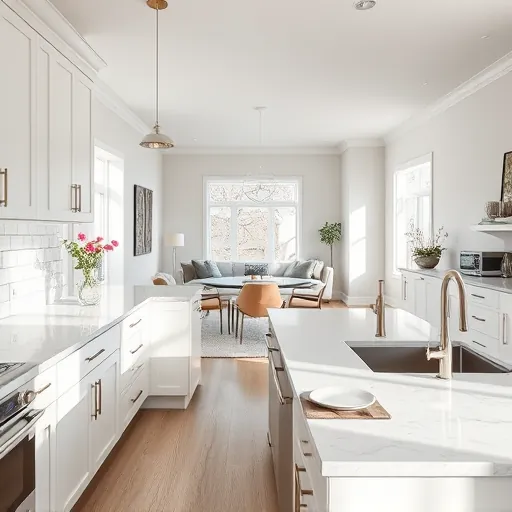 Modern kitchen remodeling in East Hastings MN with white cabinetry, marble island, and open-concept living area.