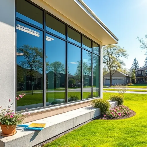 Clean residential windows reflecting greenery and sky with water streaks, cleaning tools, landscaped yard, suburban neighborhood