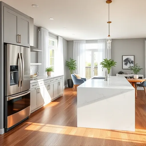 Home remodeling in East Cottage Grove MN featuring a modern kitchen with gray cabinetry, marble island, and hardwood floors.