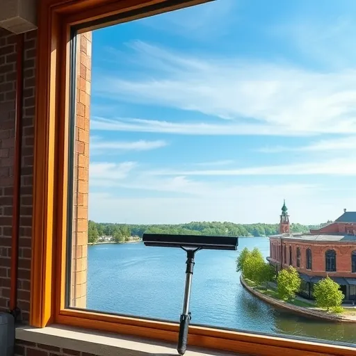 Sparkling clean large windows in Stillwater Minnesota reflecting blue sky and river scenery with a professional cleaning setup