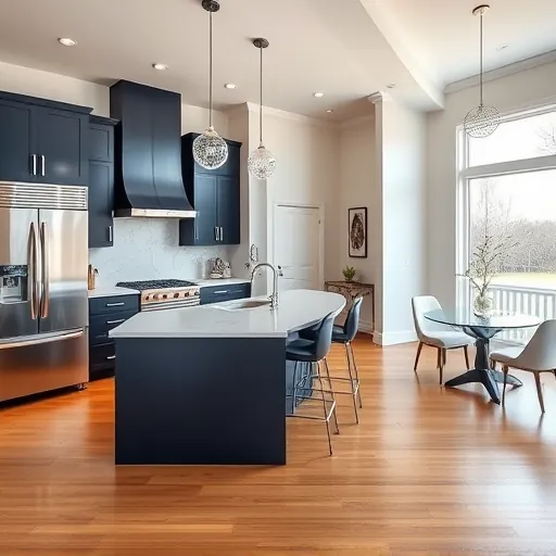 Modern kitchen in Bailey's Arbor MN with navy cabinetry, white quartz counters, and elegant marble backsplash.