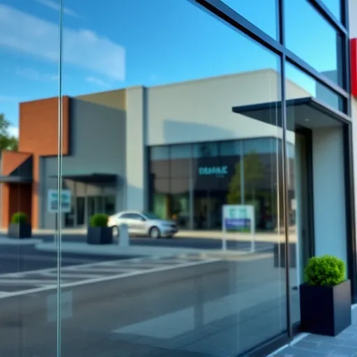 Pristine window reflecting urban surroundings on a modern building in Croixwood MN with clear blue skies and greenery