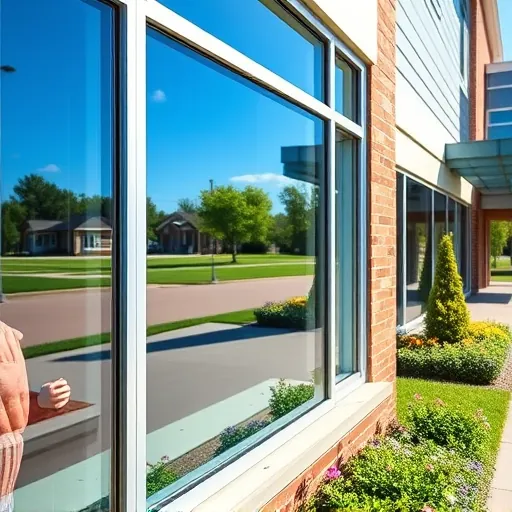 Pristine cleaned window reflecting blue sky and greenery on modern building in Wedgewood MN with landscaped surroundings