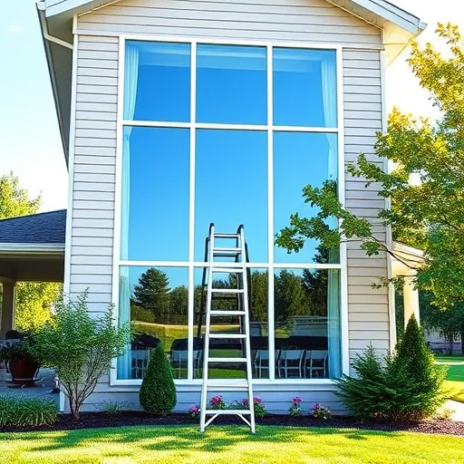 Pristine three-story house with spotless windows reflecting blue sky, lush greenery, and a secure ladder in a peaceful neighborhood