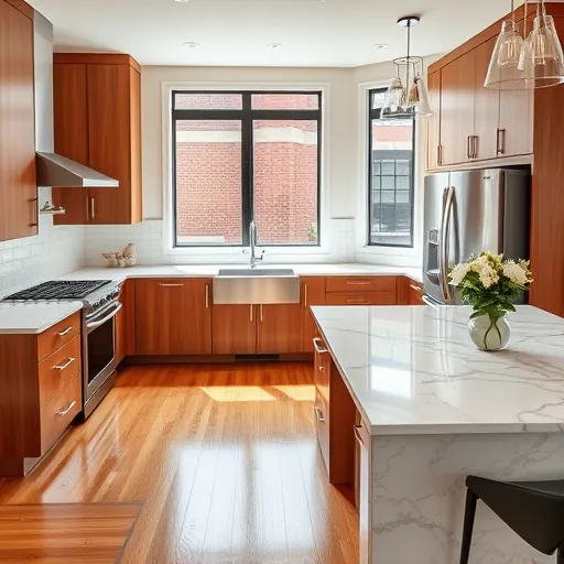Beautifully remodeled kitchen in Downtown Hastings with modern appliances, marble countertops, and elegant wooden cabinetry.
