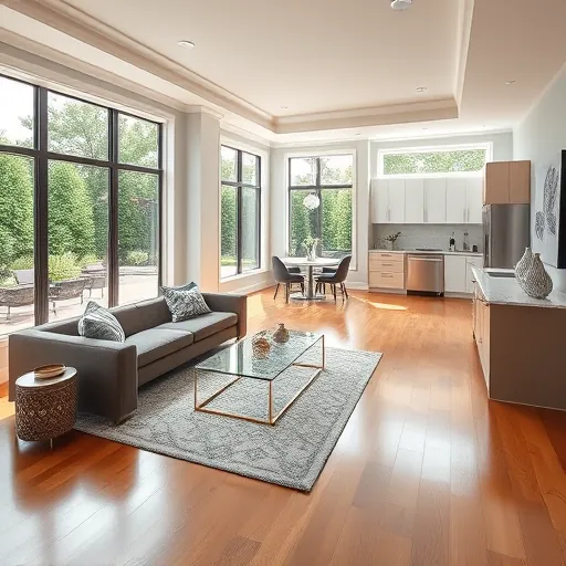 Modern Riverfront MN home remodel with spacious living room, large windows, hardwood floors, and elegant decor.