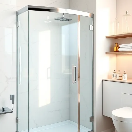 Gleaming glass shower door with chrome handle in a modern bathroom featuring marble walls, natural light, and neat fixtures