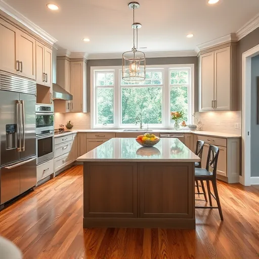 Modern kitchen remodel in North Maplewood MN featuring stainless steel appliances, elegant quartz island, and natural light.