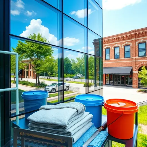 Pristine window cleaning service in Stillwater MN with spotless windows, scenic downtown, and professional tools displayed.