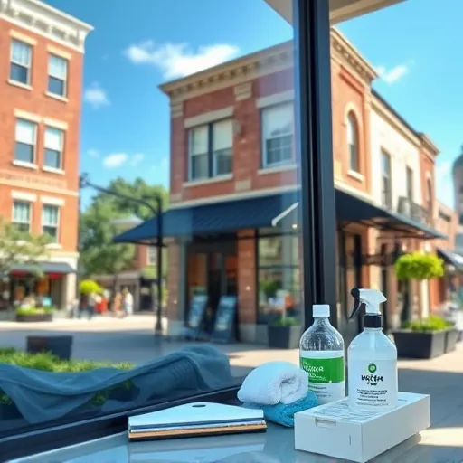 Pristine window on a Hastings MN commercial building reflecting blue sky and historic brick architecture with organized cleaning tools nearby