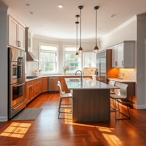 Modern kitchen remodel in North Inver Grove Heights MN featuring sleek granite countertops, stainless steel appliances, and hardwood floors.
