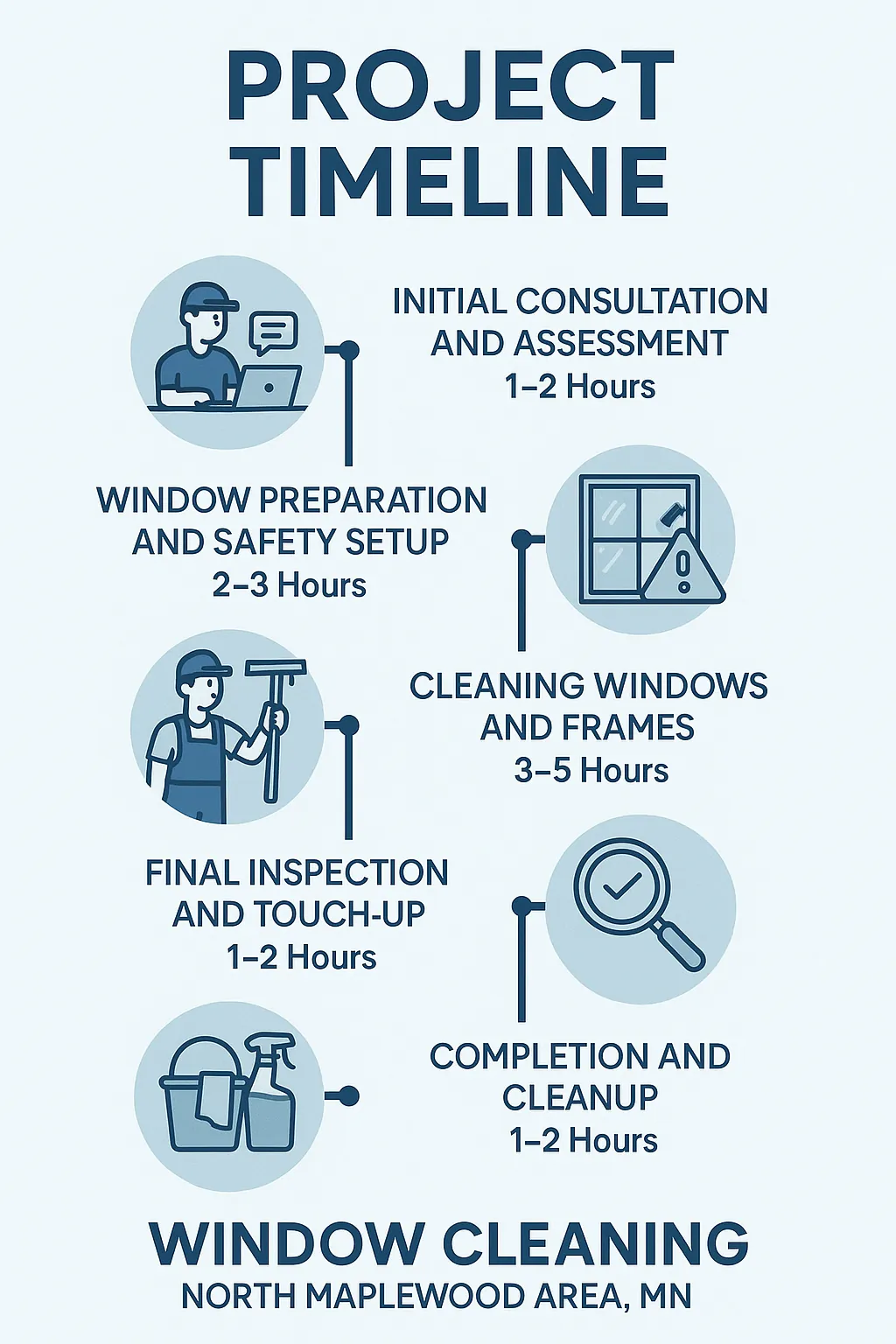 Infographic illustrating five steps of window cleaning project timeline in North Maplewood MN with clear visuals and minimal text