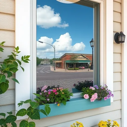 Clean storm window on a pastel wooden house in Stillwater Minnesota with blue sky reflections, greenery, and historic downtown view