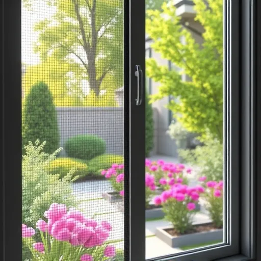 Freshly installed window screen in Stillwater MN showing durable mesh in a modern frame with garden background under natural daylight