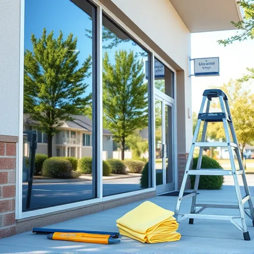 Clean storefront with sparkling windows, cleaning tools, ladder, greenery, and subtle signage in Oakdale Minnesota