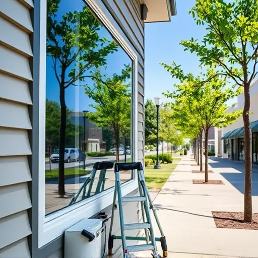 Pristine window on modern building in East Cottage Grove reflects blue sky and greenery, showcasing professional cleaning service.