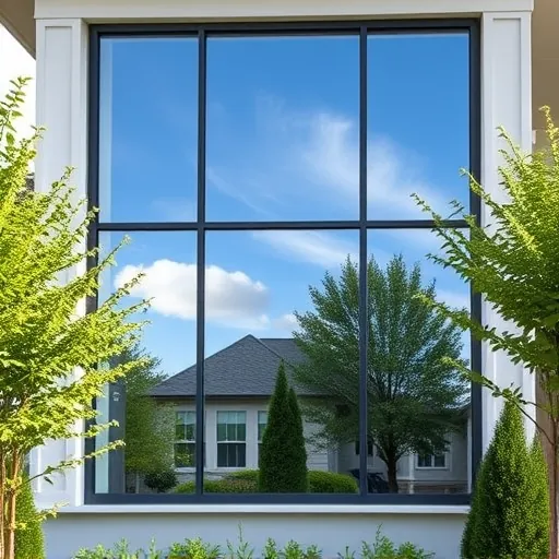 Clean pristine large residential window reflecting blue sky, lush greenery, modern architecture in Stillwater MN