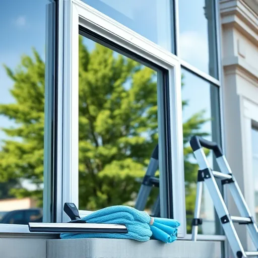 Pristine clean window on a modern building reflecting greenery and sky, with cleaning tools nearby in Denmark Township MN