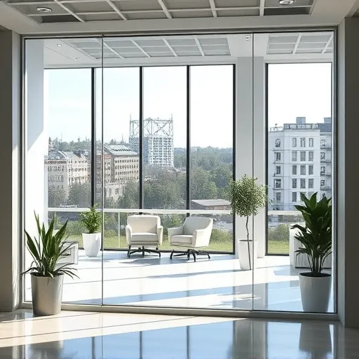 Clean spotless modern office window in Stillwater MN with natural light, minimal decor, and clear reflections highlighting professional window cleaning.