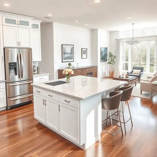 Modern kitchen remodel in Stonemill Farms features sleek white cabinetry, granite countertops, and stainless steel appliances.