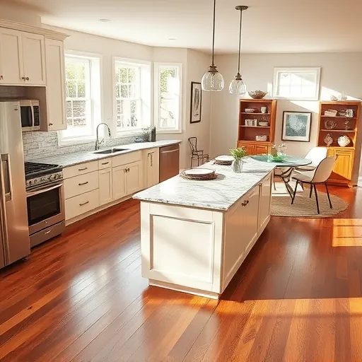 Stunning remodeled kitchen in Denmark Township with modern cabinets, stainless appliances, marble island, and hardwood floors.